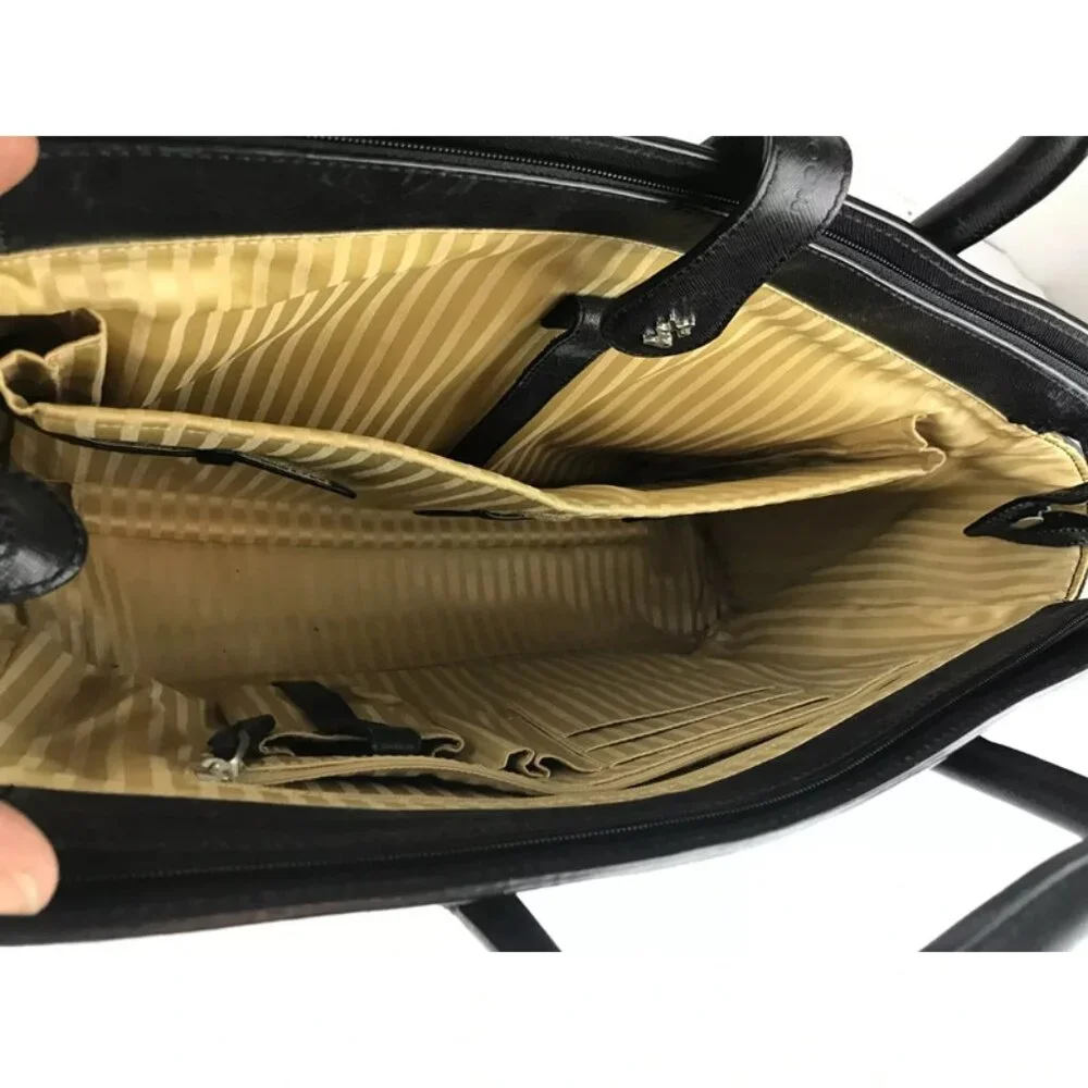 Moonsus Womens Black Beige‎ Lined Leather Inner Pockets Laptop Bag